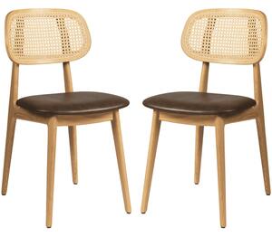 Romney Natural Rattan Side Chairs With Brown Leather Seat In Pair