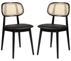Romney Black Rattan Side Chairs With Leather Seat In Pair