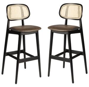 Romney Black Rattan Bar Stools With Brown Leather Seat In Pair