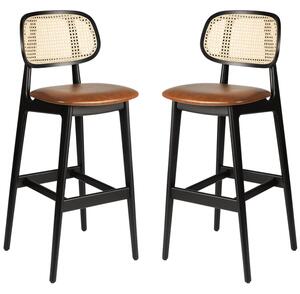 Romney Black Rattan Bar Stools With Tan Leather Seat In Pair