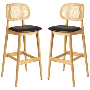 Romney Natural Rattan Bar Stools With Black Leather Seat In Pair