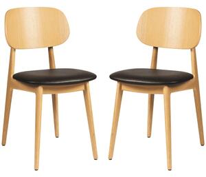 Romney Natural Wooden Side Chairs With Black Leather Seat In Pair