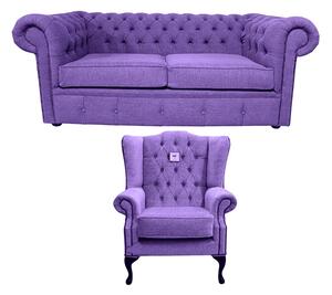 Chesterfield Handmade 2 Seater + Mallory Wing Chair Verity Purple Fabric Sofa Suite