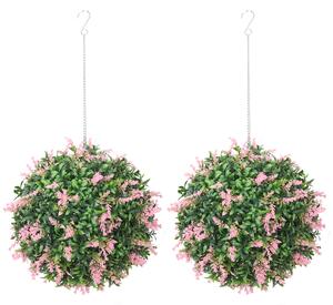 HOMCOM Set of 2 Artificial Plant Topiary Balls, UV-protected Fake Decorative Plants, Pink