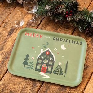 Folk Cottage Green Wooden Christmas Tray Green