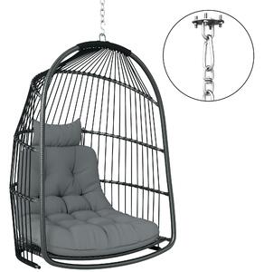 Outsunny Hanging Egg Chair Outdoor Indoor Rattan Swing Chair with Installation Kit, Foldable Garden Hanging Seat with Thickened Cushion, Headrest, Dark Grey