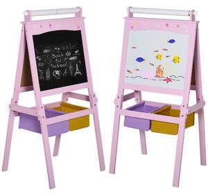 HOMCOM 3 In 1 Kids Wooden Art Easel w/ Paper Roll Double-Sided Chalkboard & Whiteboard w/ Storage Baskets Gift for Kidsl Age 3 Years+ Pink Aosom UK
