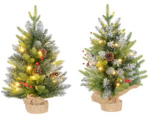 HOMCOM Small Christmas Tree With Lights, 2ft Prelit Artificial Christmas Tree, 2 Pieces w/ LED Light, Concrete Base, Red Berries, Green Aosom UK