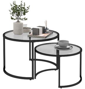 HOMCOM Glass Coffee Table Set of 2, Round Nest of Tables with Tempered Glass Tabletop and Steel Frame, Modern Side Tables for Living Room, Black