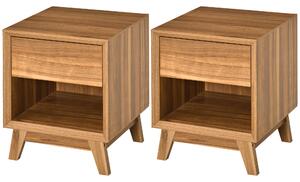 HOMCOM Modern Bedside Table Nightstand, Living Room End Table, Side Table with Drawer and Shelf, Set of 2, Walnut Brown