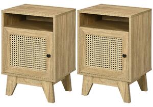 HOMCOM Bedside Table with Rattan Element, Side End Table with Shelf and Cupboard, 39cmx35cmx60cm, Natural