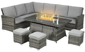 Outsunny 9-Seater PE Rattan Garden Furniture Set, 50,000 BTU Gas Fire Pit Table, Double Corner Sofa, 3 Footstools, Grey