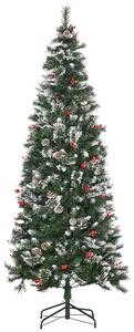 HOMCOM 7 Foot Snow Dipped Artificial Christmas Tree Slim Pencil Xmas Tree with 738 Realistic Branches, Pine Cones, Red Berries, Auto Open, Green