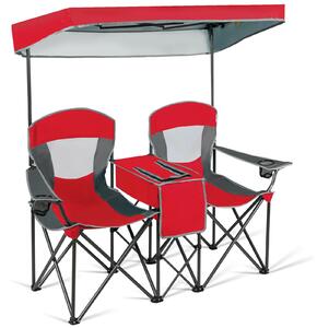Costway Double Folding Camping Chair with Canopy and Armrests-Red
