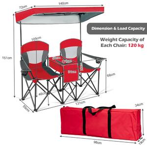 Costway Double Folding Camping Chair with Canopy and Armrests-Red