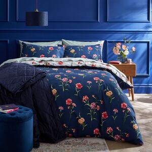 Carnation Bloom Navy Duvet Cover and Pillowcase Set Navy (Blue)