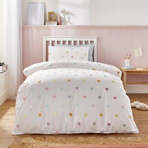 Embroidered Hearts Single Duvet Cover and Pillowcase Set White