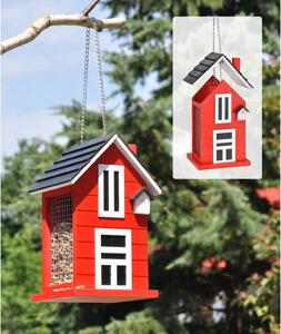 HI Hanging Bird Feeder House-shaped 14x12x22 cm Red and Wte