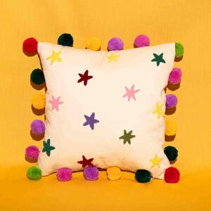 Raspberry Blossom Tufted Stars Cushion with Pom Poms