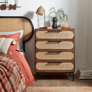 Mila 4 Drawer Chest, Dark Mango Wood and Rattan