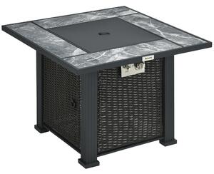 Outsunny Rattan Gas Fire Pit Table, Marble Top Patio Heater w/ Windscreen & Rain Cover, Outdoor Garden Centrepiece Aosom UK