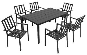 Outsunny 7 Pieces Garden Dining Set, Outdoor Table and 6 Stackable Chairs, Metal Top Table with Umbrella Hole, Black