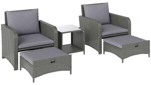 Outsunny Five Piece Rattan Garden Furniture Set with 2-Tier Coffee Table and Ottomans - Grey