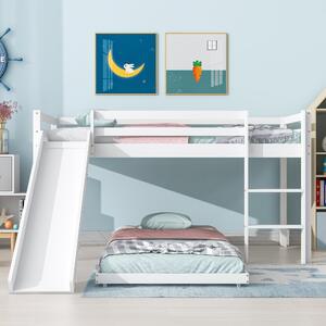 White Wooden Bed Frame with Adjustable Slide and Ladder, Space-Saving Design Childrens Bunk Beds with Storage, 207L x 215W x 110H cm, White Aosom.UK