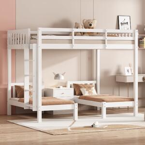 Triple Bunk Beds with Side Ladder for Children and Teens, Safety Rails, Solid Pine Wood Frame Bed with 3 Drawers, 205x146.5x165 cm, White Aosom.UK