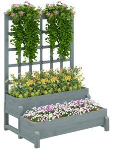 Outsunny 2-Tier Raised Garden Bed with Trellis, Wooden Elevated Planter Box with Drainage Holes, Outdoor Raised Planter for Climbing Plants, Fruits, Vegetables, Flowers, Grey