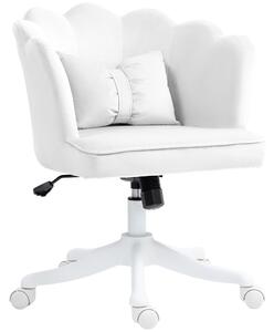 HOMCOM Velvet Office Chair with Petal Shell Back and Lumbar Pillow, Armless Desk Chair with Wide Seat and Tilt Function, Height Adjustable Swivel Makeup Vanity Chair for Bedroom, White