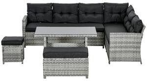 Outsunny 5-Piece Rattan Patio Furniture Set with Corner Sofa, Footstools, Glass Coffee Table, Cushions, Mixed Grey