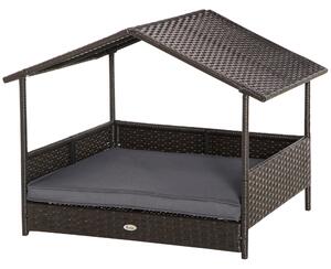 PawHut Rattan Dog House, Elevated Wicker Pet Bed Lounge with Removable Cushion and Canopy, for Small and Medium Dogs, 98 x 69 x 73cm - Grey Aosom UK