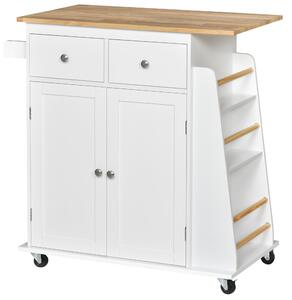 HOMCOM Kitchen Island Storage Cabinet Rolling Trolley with Rubber Wood Top, 3-Tier Spice Rack, Large Cabinet & Drawers