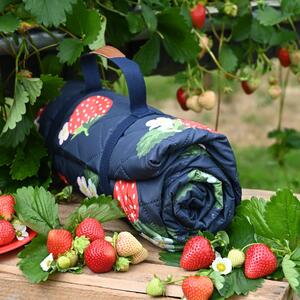 Strawberries & Cream Extra-Large Family Sized Quilted Picnic Blanket with Carry Handle Navy Blue/Red