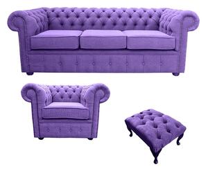 Chesterfield Handmade 3 Seater + Club Chair + Footstool Verity Purple Fabric Sofa Suite