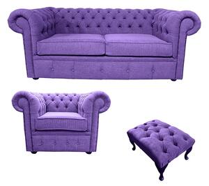 Chesterfield 2 Seater + Club Chair + Footstool Sofa Suite Verity Purple Fabric