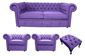 Chesterfield Handmade 2 Seater + 2 x Club chairs + Footstool Verity Purple Fabric Sofa Suite