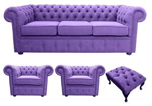 Chesterfield Handmade 3 Seater + 2 x Club chairs + Footstool Verity Purple Fabric Sofa Suite