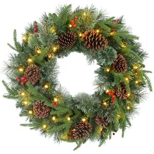 HOMCOM 60cm Pre-Lit Christmas Wreath for Front Door with LED Lights, Pine Cones and Red Berries, Winter Wreath for Windows, Wall Decoration, Green Aosom UK