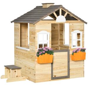 Outsunny Wooden Kids Playhouse, Outdoor Garden Games Cottage with Working Door, Windows, Bench, Service Station, Flowers Pot Holder for 3-7 Years Old