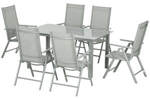 Outsunny 7-Piece Patio Dining Set, Aluminium Frame Outdoor Table, 6 Texteline Folding Chairs, Tempered Glass Top, Grey