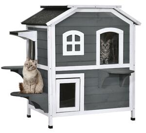 PawHut Solid Wood Cat Condos Pet House Water Proof Outdoor 2-Floor Villa, Grey