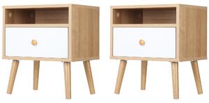 HOMCOM Pair of Natural Bedside Tables with Drawer and Shelf, Contemporary Nightstands, End Tables for Bedroom, Living Room, Natural
