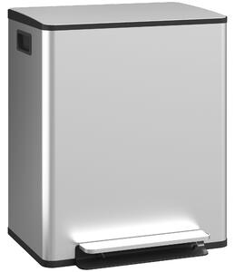 HOMCOM 50L Dual Compartment Stainless Steel Bin, with Deodoriser Holders - Silver