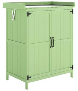 Outsunny Wooden Garden Shed, Garden Tool Storage Shed with Hinged Roof and Shelf, Outdoor Storage Cabinet with Double Doors, Light Green