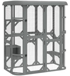 PawHut Catio Outdoor Cat Enclosure, Wooden Cat House with Platforms, Condo and Waterproof Cover for 2–3 Kittens, Grey