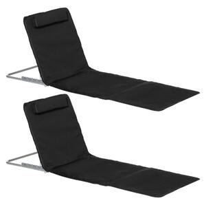 Outsunny Set of 2 Foldable Garden Beach Chair Mat Lightweight Outdoor Sun Lounger Seats Adjustable Back Metal Frame PE Fabric Head Pillow, Black