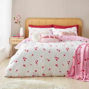 Catherine Lansfield Seersucker Heart Easy Care Duvet Cover Bedding Set White Red