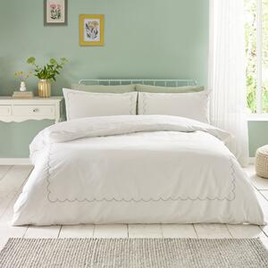 Catherine Lansfield Scallop Border Embroidered Duvet Cover Bedding Set White Green